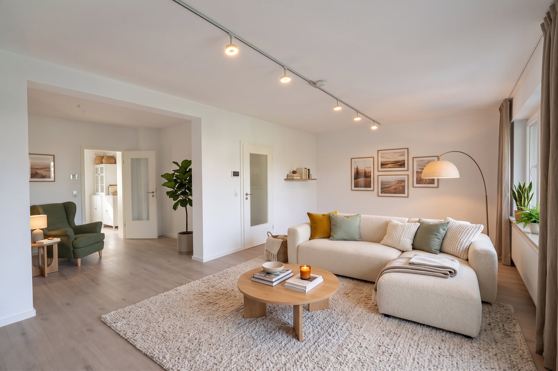 Digital eingerichtetes Wohnzimmer mit Sofa, Teppich, Couchtisch und Wandbildern, digital eingerichtet