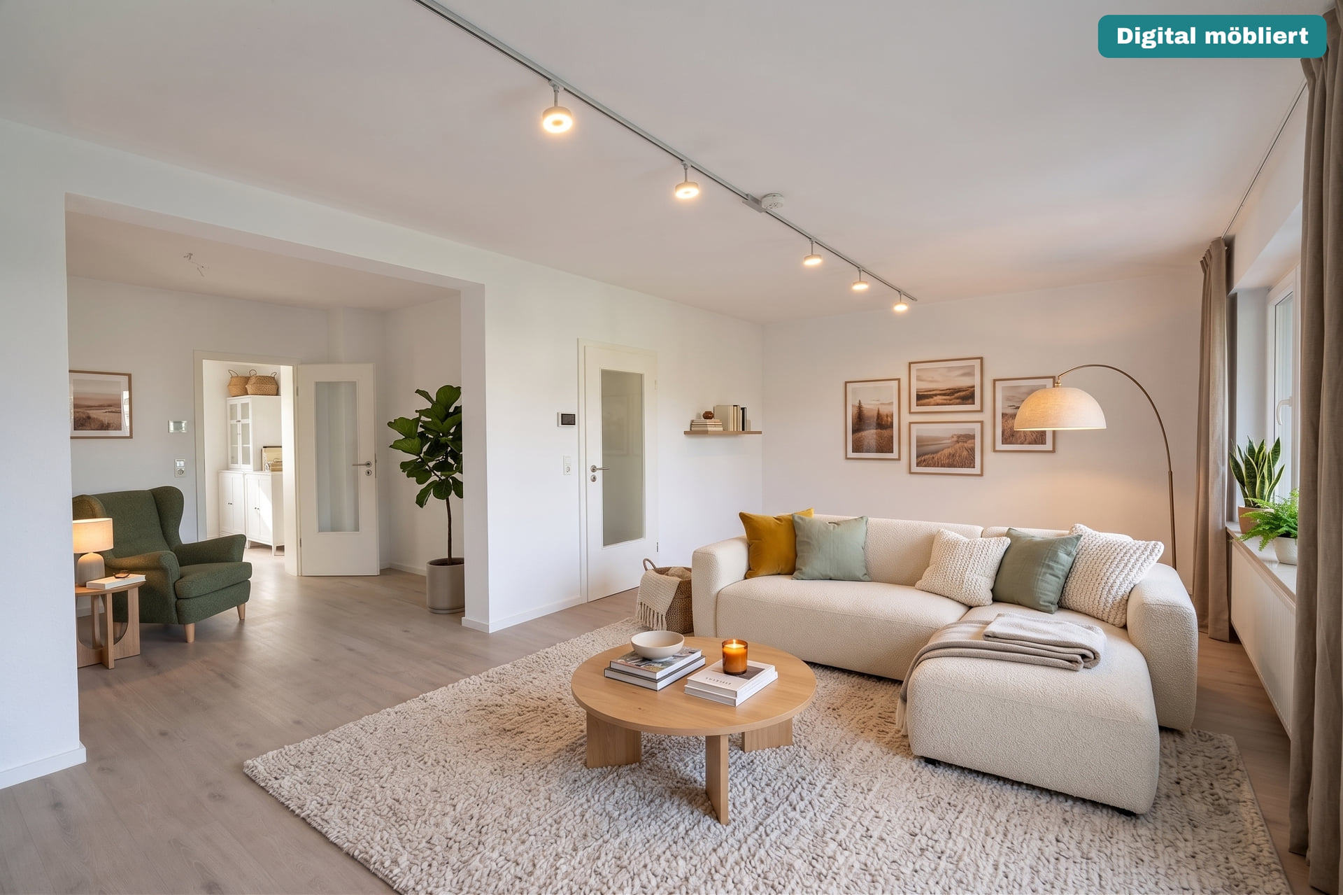 Digital eingerichtetes Wohnzimmer mit Sofa, Teppich und Beistelltisch