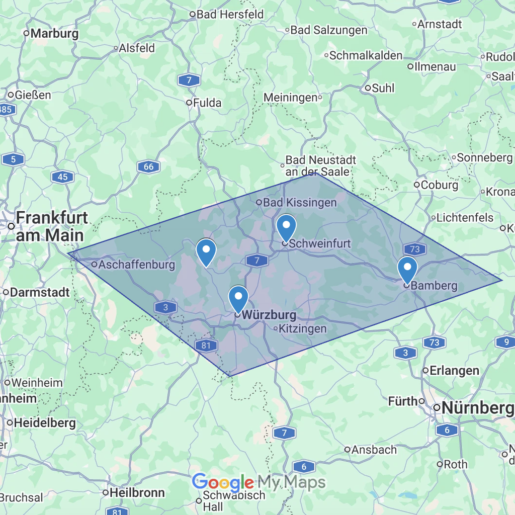 Karte von Einsatzgebieten, wie in Würzburg, Karlstadt, Schweinfurt, Bamberg und Umgebung